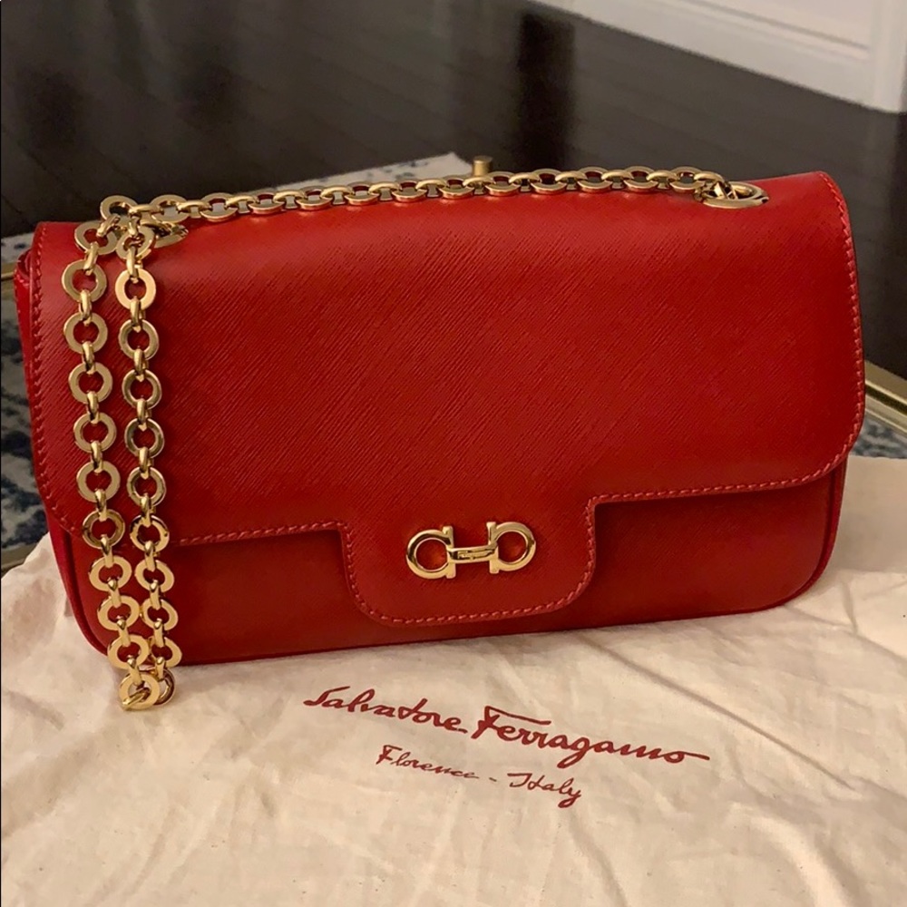 Ferragamo Red Leather Clutch / Bag With Gold Chain